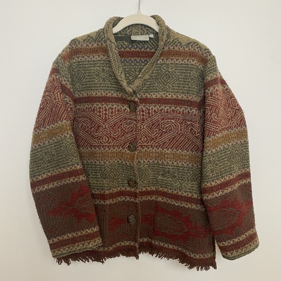 Ivy‎ Tapestry Four-Button Jacket Black Red Green Western Print Fringed Medium - Picture 1 of 7